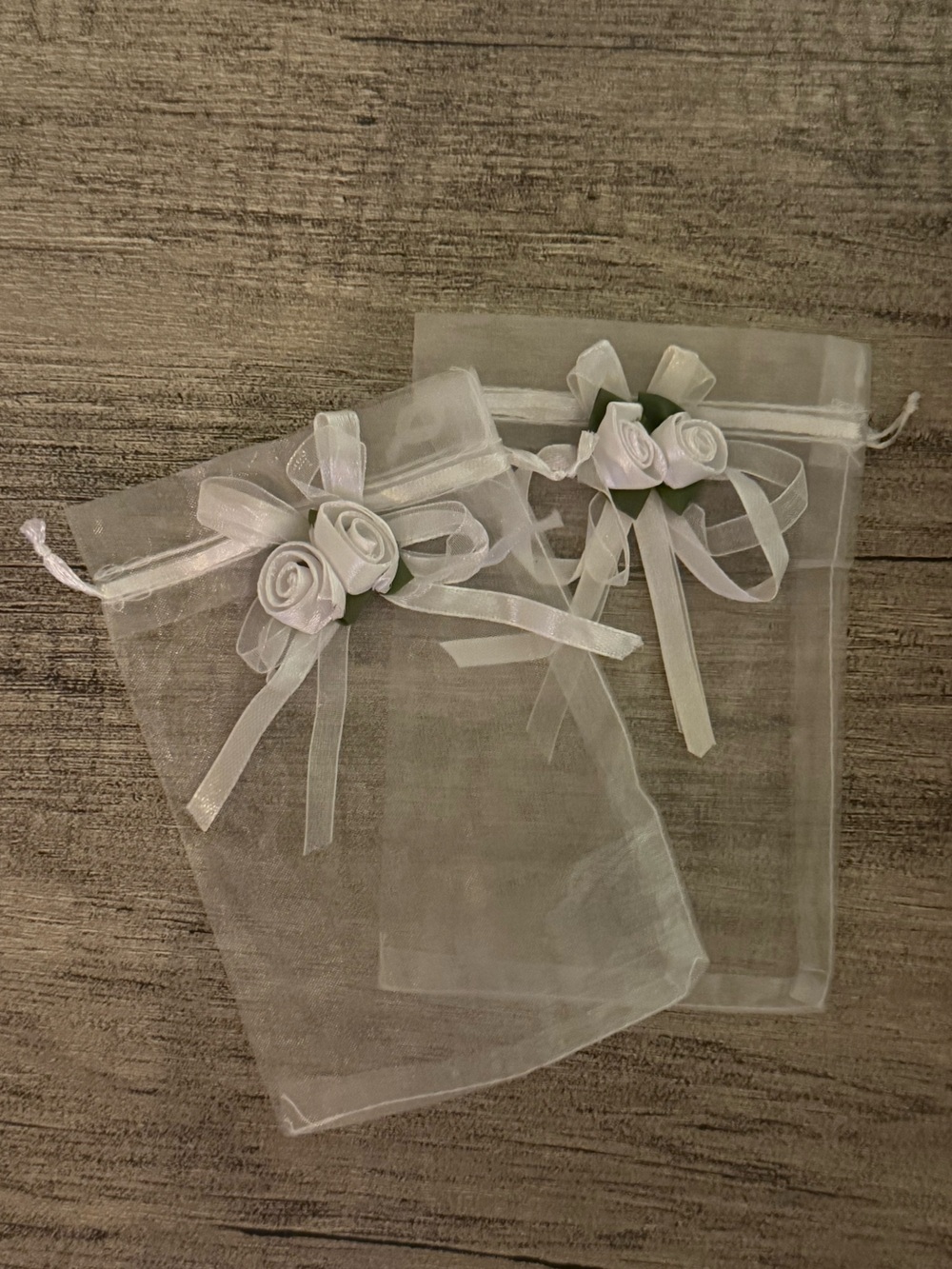 White Organza Favor Bags with Satin Rose Accent Bag